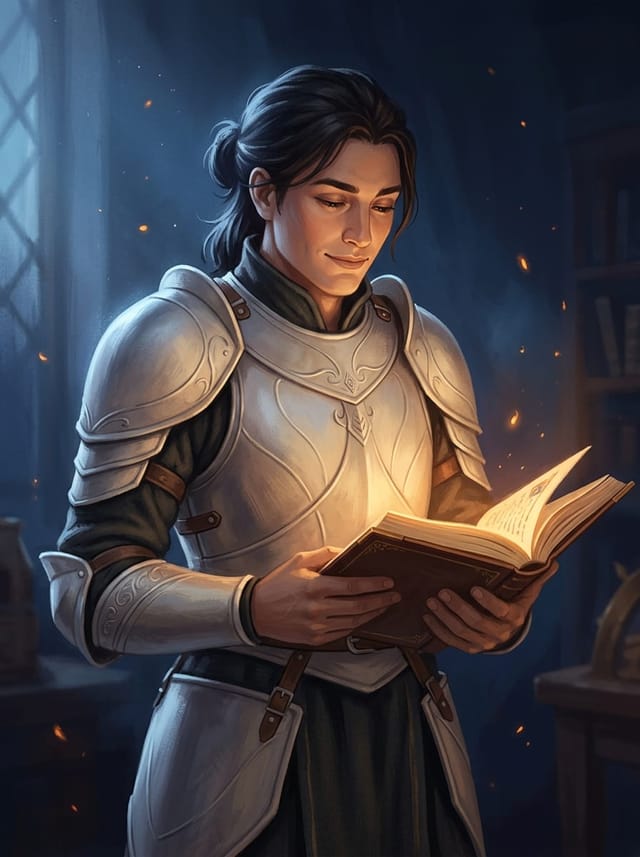 Portrait of a calm scholar-knight holding an open book.