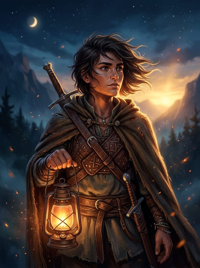 Portrait of a determined young traveller with a brass lantern.