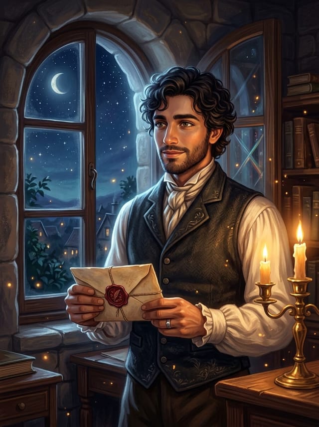 Portrait of a thoughtful poet holding a sealed letter by a moonlit window.