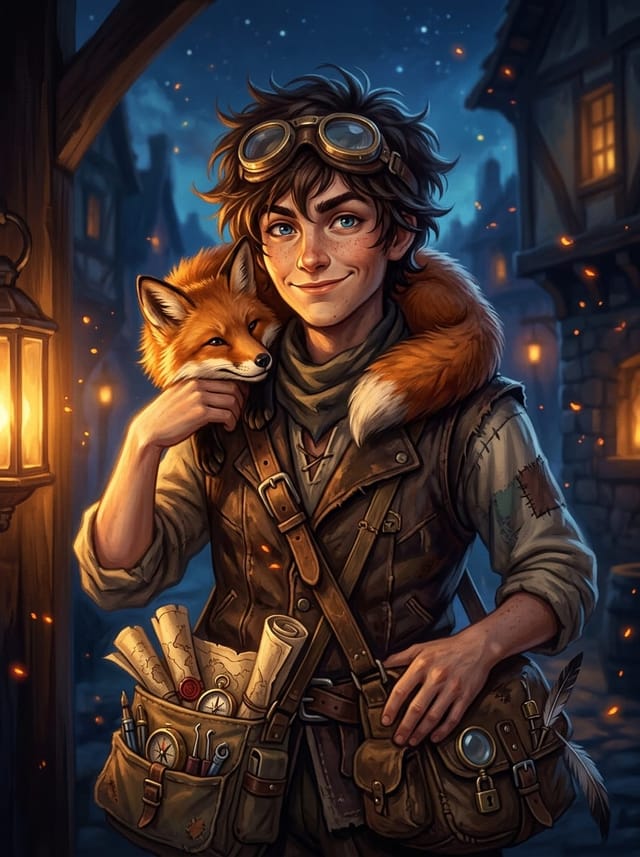 Portrait of a cheerful companion with goggles and a small fox on their shoulder.