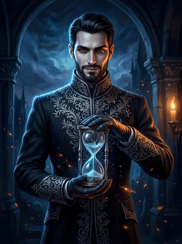 Portrait of a composed figure in a high-collared coat holding a cracked hourglass.