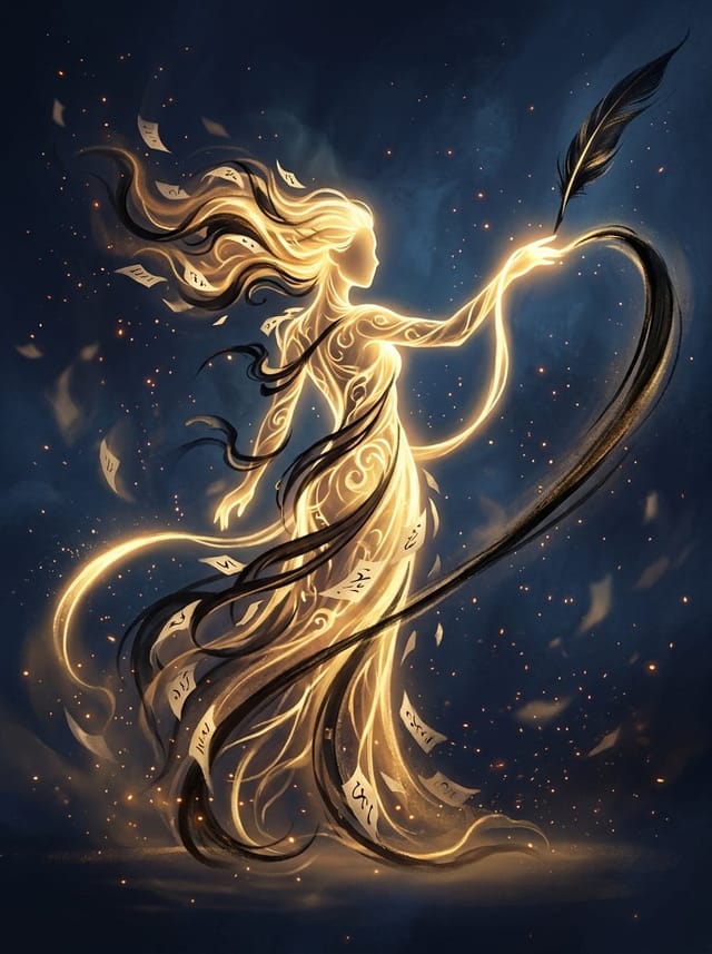 The Muse: a figure of flowing golden light trailing a ribbon of ink from a quill.