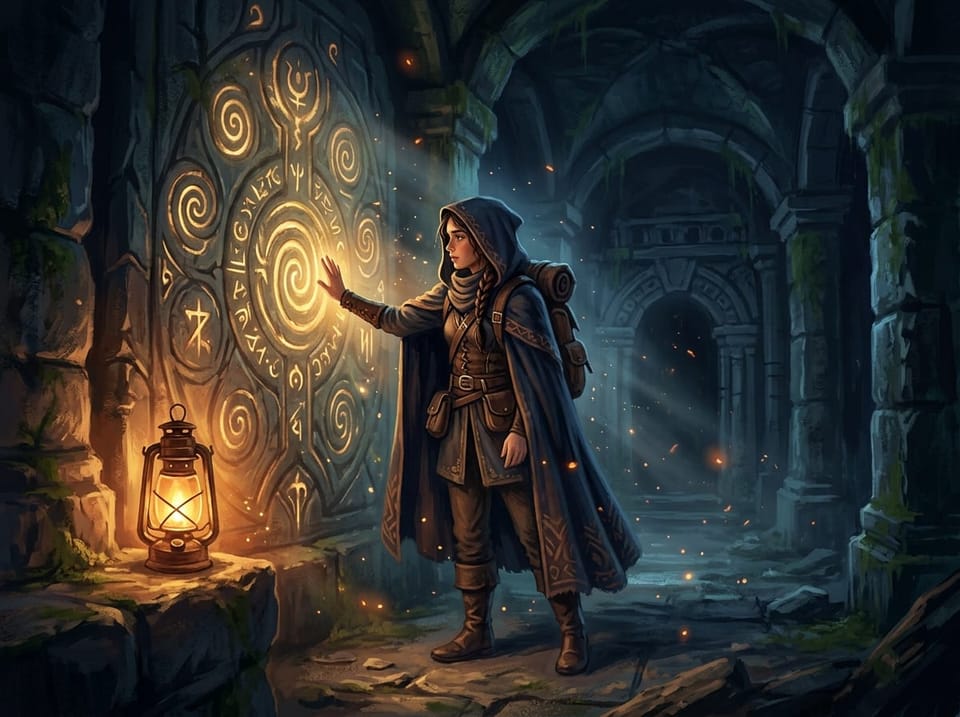 A hooded young traveller presses her hand to a stone wall of glowing golden runes, a brass lantern at her feet.