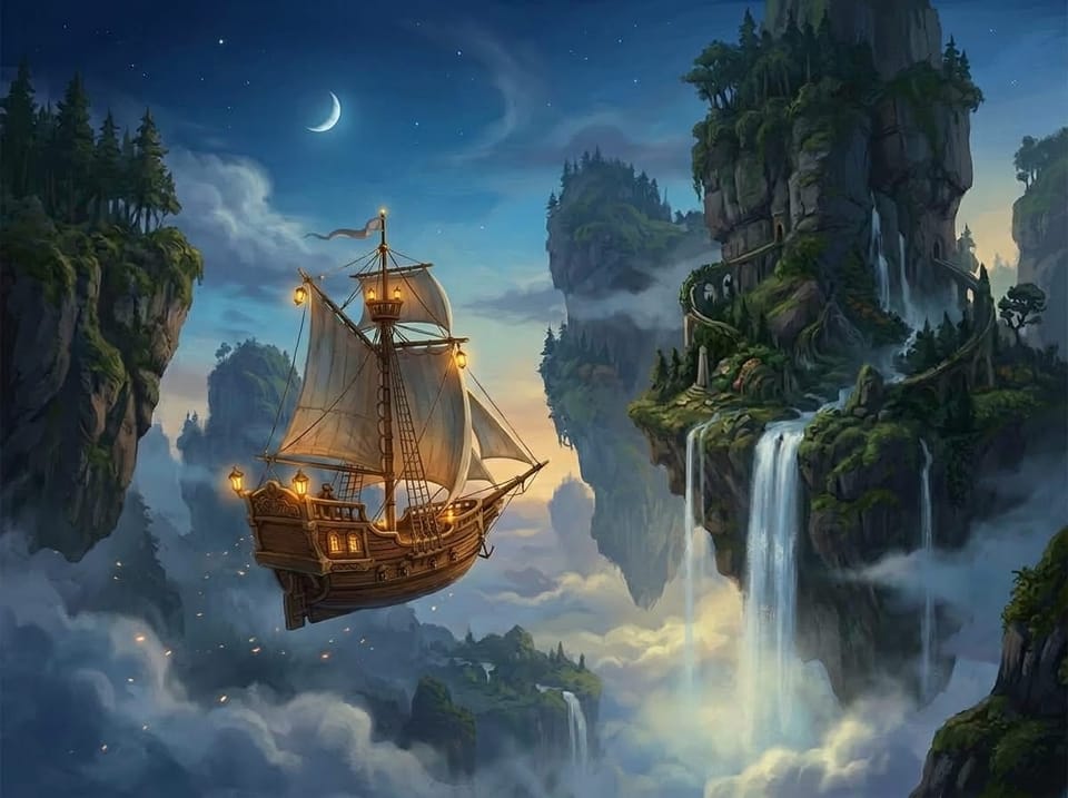 A wooden sailing ship drifting between floating islands and waterfalls at dusk.